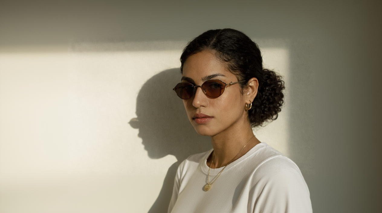 Woman wearing sunglasses and a white t-shirt against a neutral background